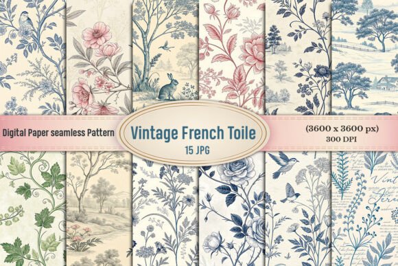 Elevate Your Creative Projects with Vintage French Toile Digital Paper and Seamless Floral Landscape Patterns