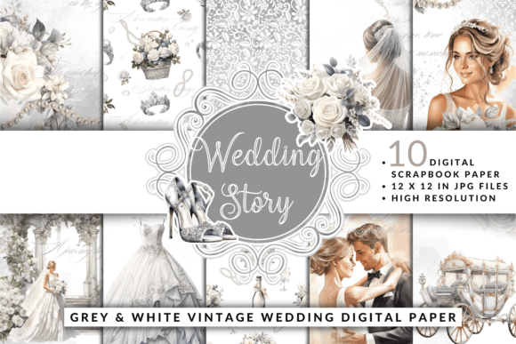 Grey White Vintage Wedding Digital Paper